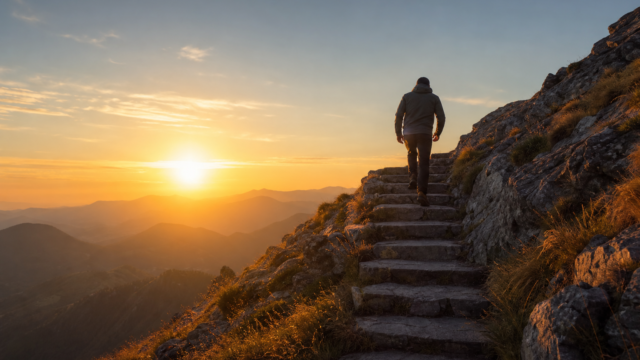 Persona avanzando por escalones iluminados al amanecer