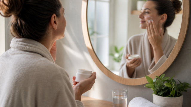 Rutina minimalista de cuidado personal con crema y protector solar