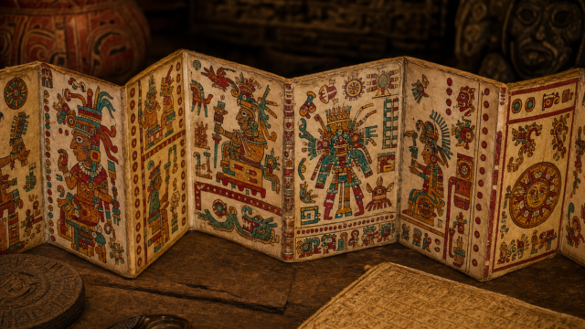 Interpretación artística de un códice mesoamericano desplegado