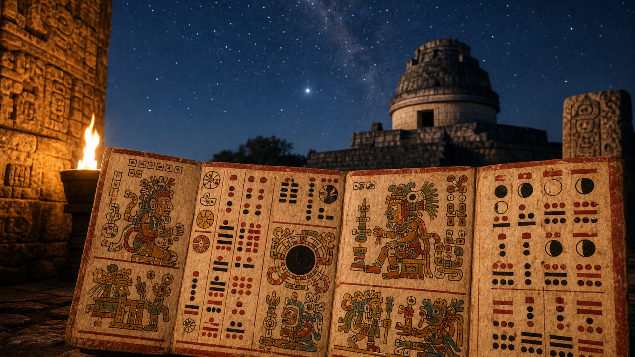 Interpretación artística de un códice maya con signos astronómicos