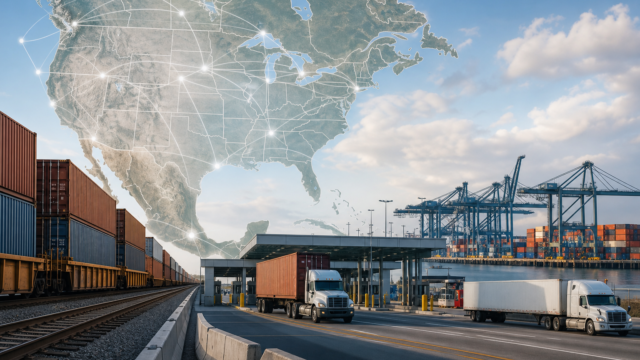 Trenes de carga y contenedores simbolizando el comercio del T-MEC