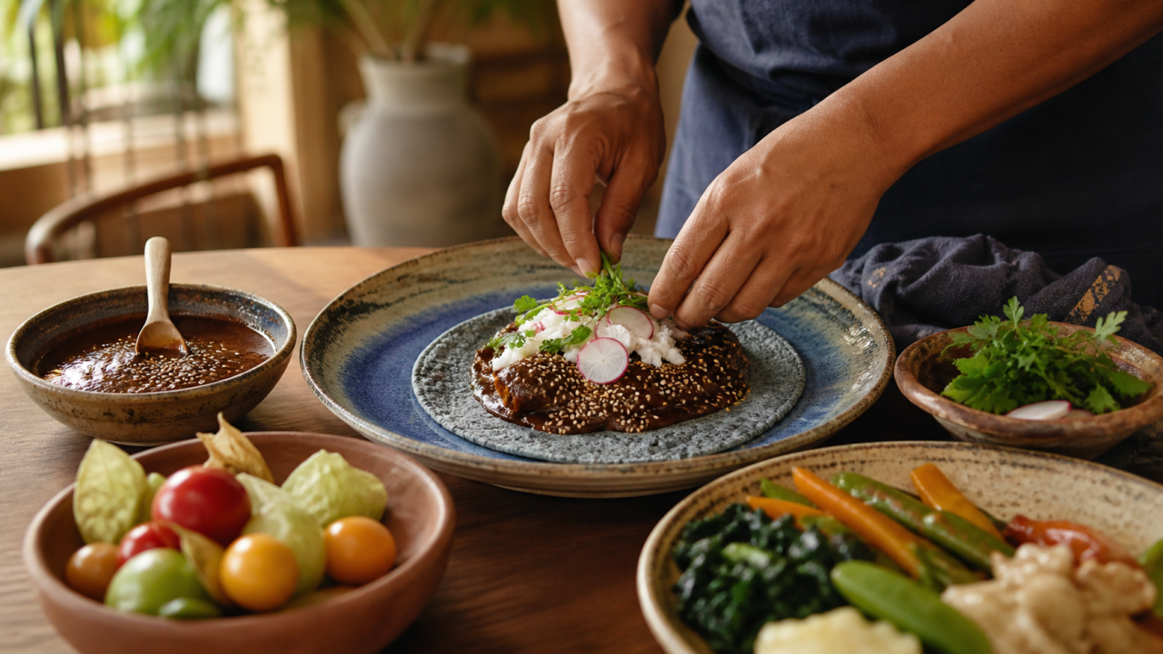 Chef emplatando un platillo mexicano con mole y tortilla de maíz azul