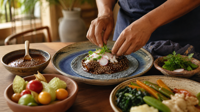 Chef emplatando un platillo mexicano con mole y tortilla de maíz azul