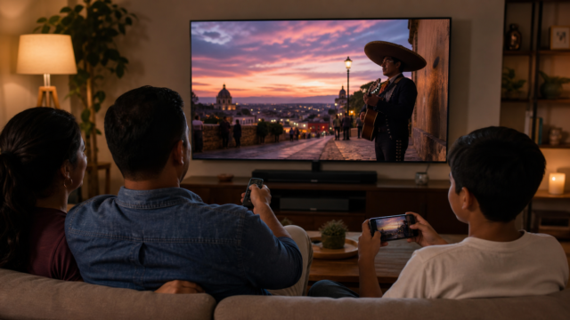 Familia mira un video musical en una televisión conectada mientras usa teléfonos como segunda pantalla