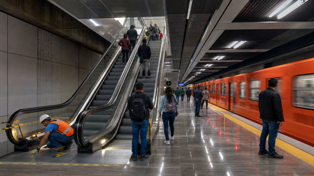 Usuarios suben por una escalera eléctrica nueva dentro de una estación del Metro de la Ciudad de México.