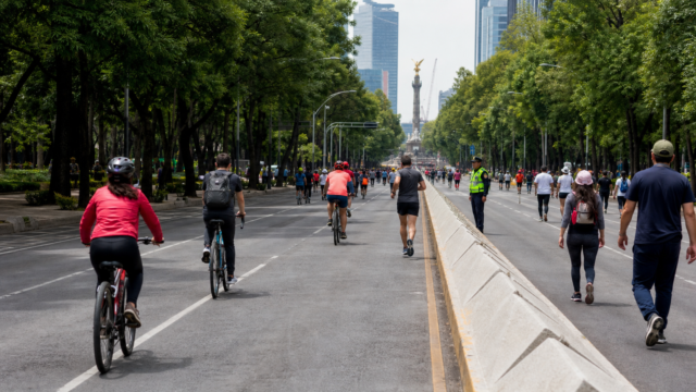 Personas en bicicleta y a pie recorren una avenida cerrada al tráfico durante el Paseo Dominical de la CDMX.