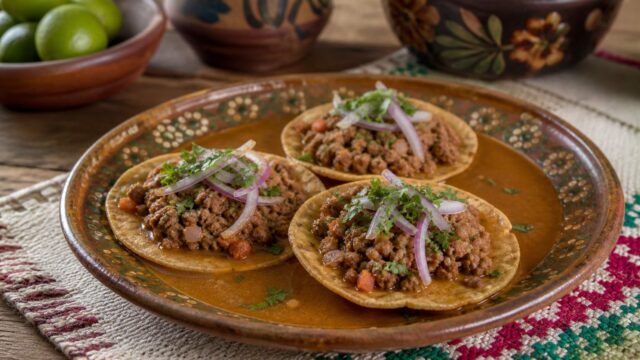 Sopitos de Colima con picadillo, cebolla y cilantro bañados en jugo sobre un plato de barro