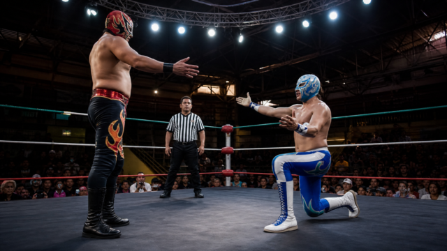 Luchadores enmascarados se enfrentan en un ring iluminado ante una afición de arena mexicana.