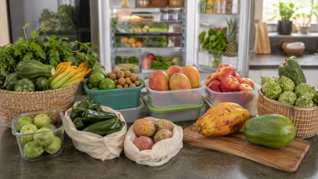 Frutas y verduras de temporada organizadas en recipientes dentro de una cocina doméstica