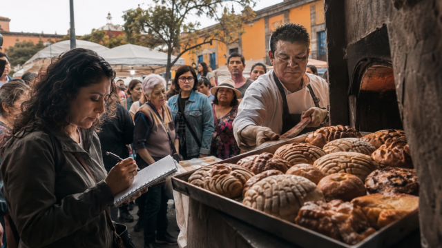 Personas observan una charola de pan dulce recién horneado en una feria gastronómica de Coyoacán, con panaderos y visitantes en una escena documental mexicana.